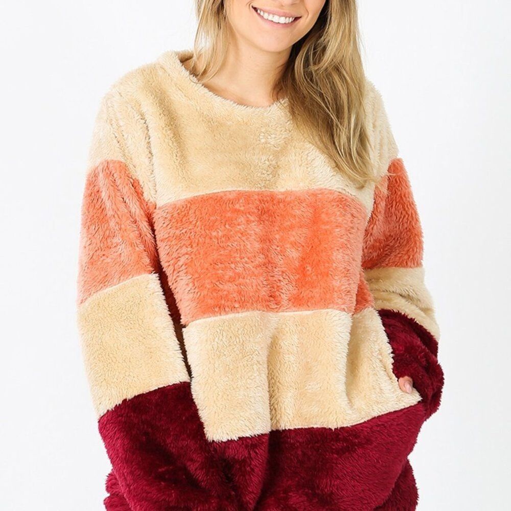 Zenana Outfitters Small Ivory Coral Wine Stripe Bouclé Pockets Pullover Jersey